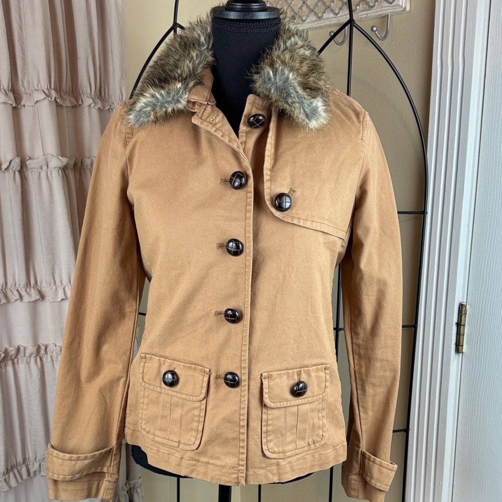 Women’s GAP Barn Coat Utility Jacket Camel Tan Removable Liner & Fur Collar Sz S